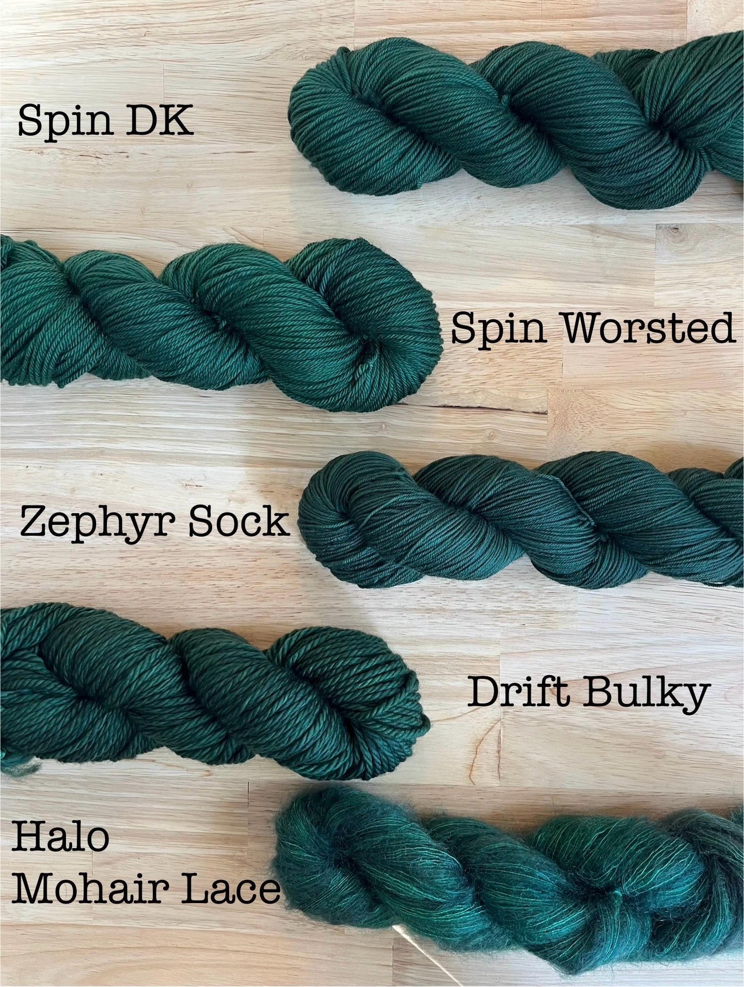 Examples of the Black Pine hand dyed dark forest green colorway on different yarn bases. Bases include DK weight, worsted, sock, and bulky merino wool, and mohair lace.