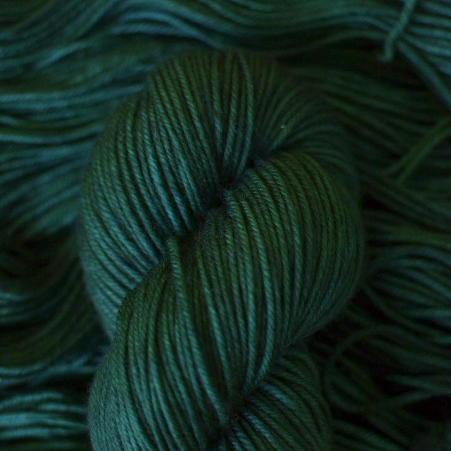 Skeins of hand dyed dark forest green merino wool yarn.