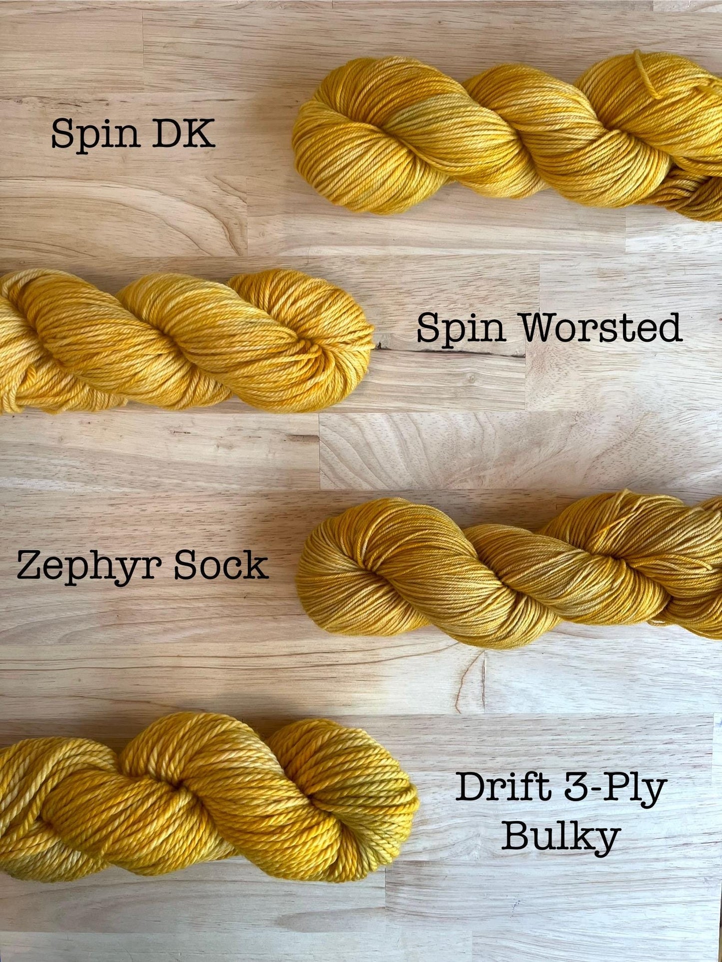Samples of the Slightly Crunchy Leaves color on a variety of yarn bases including DK weight, worsted weight, sock weight, and bulky merino.