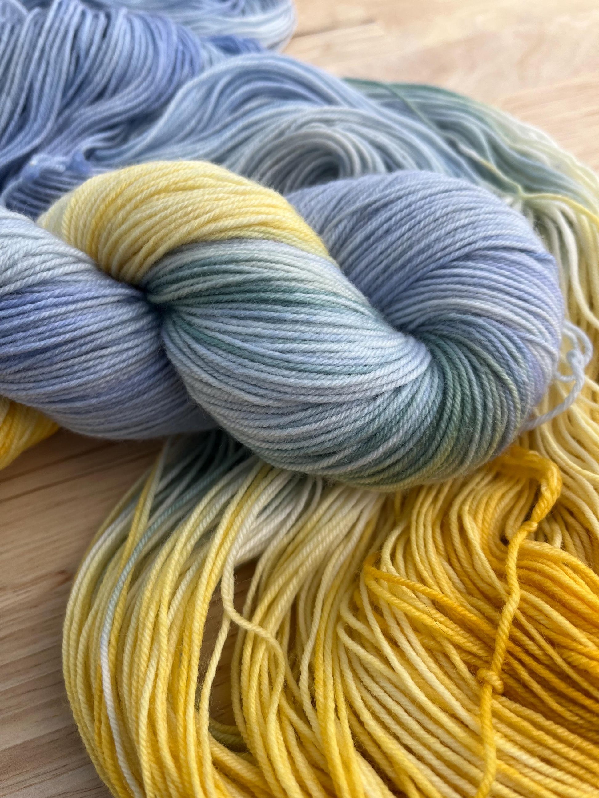 A fingering weight skein of pale blue and yellow hand dyed merino wool yarn designed for assigned pooling.