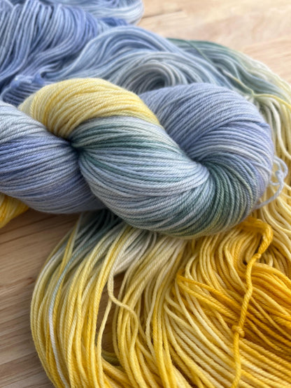 A fingering weight skein of pale blue and yellow hand dyed merino wool yarn designed for assigned pooling.