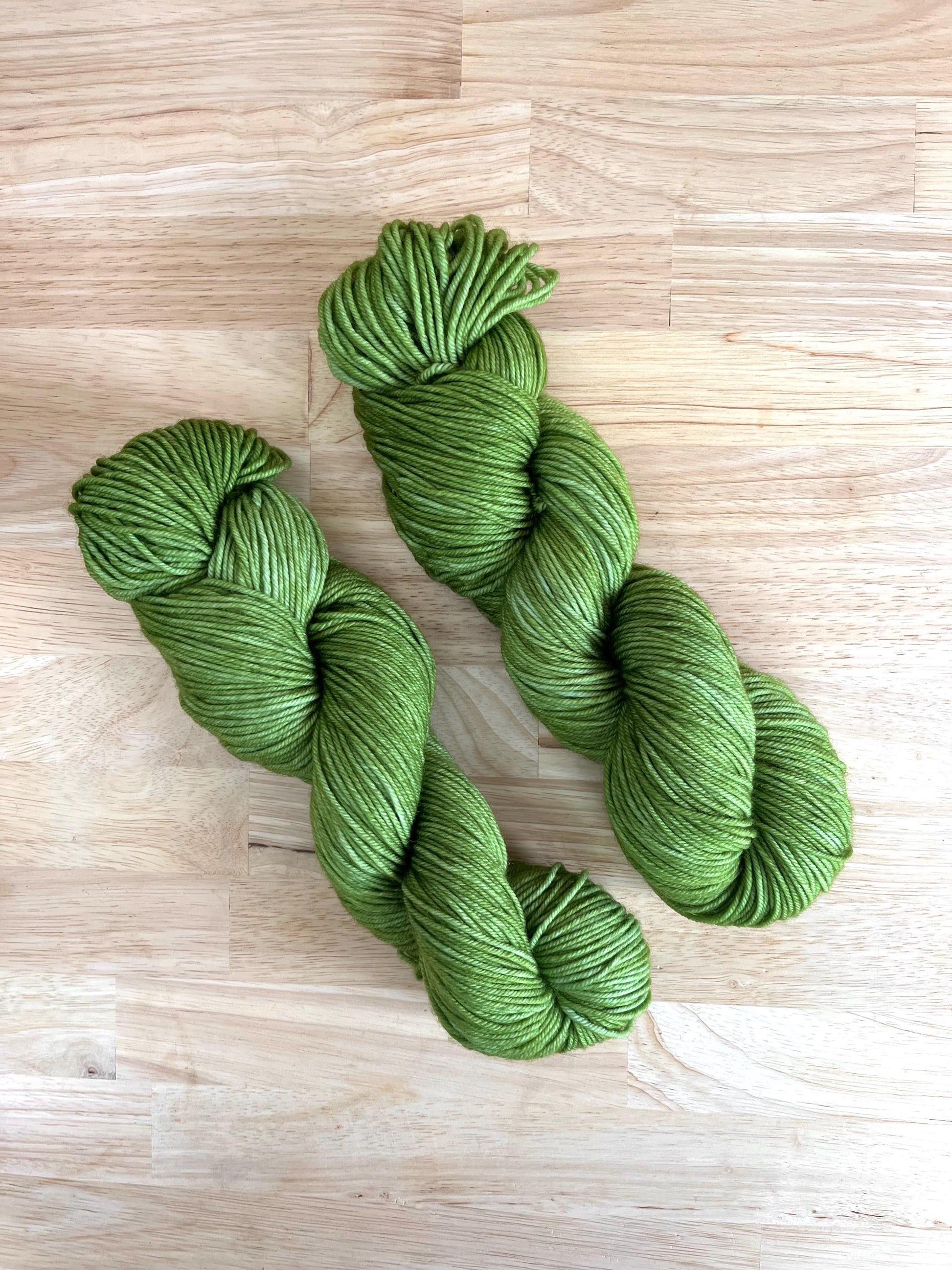 Skeins of hand dyed warm spring green merino wool yarn.