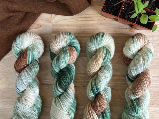 Variegated brown, sage, tan, and green hand dyed yarn 