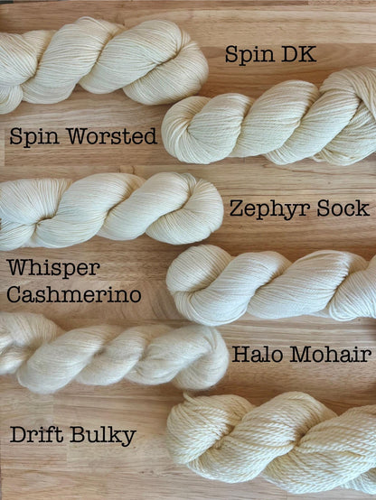 Samples of available merino wool and mohair yarn bases.